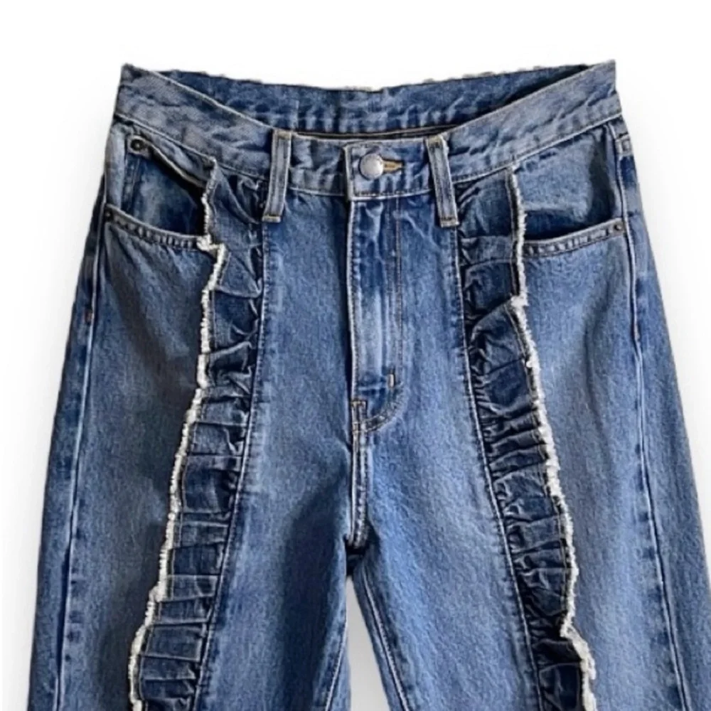 LF x Carmar Ruffle Front Straight Jeans Size 27 High Rise Statement Denim - Picture 3 of 9